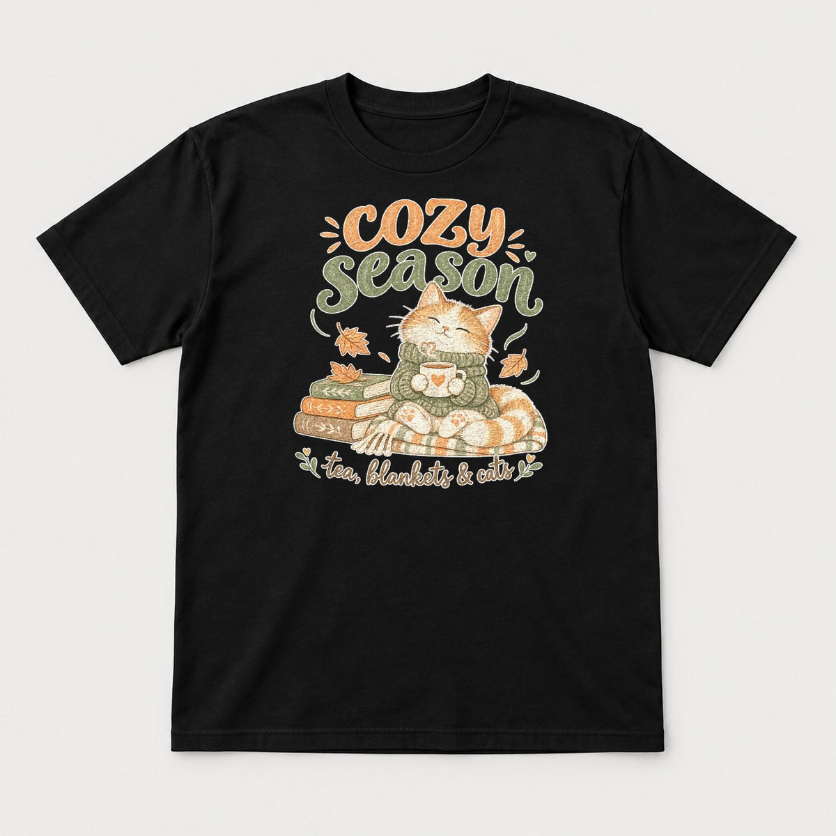 Cozy Season Tea Blankets & Cats Autumn Cat Graphic T-Shirt & Sweatshirt - Tshirt Black Front