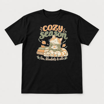 Cozy Season Tea Blankets & Cats Autumn Cat Graphic T-Shirt & Sweatshirt - Tshirt Black Front