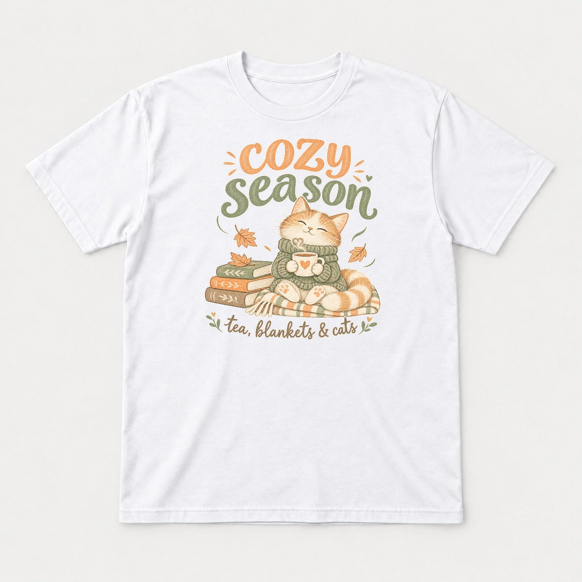 Cozy Season Tea Blankets & Cats Autumn Cat Graphic T-Shirt & Sweatshirt - Tshirt White Front