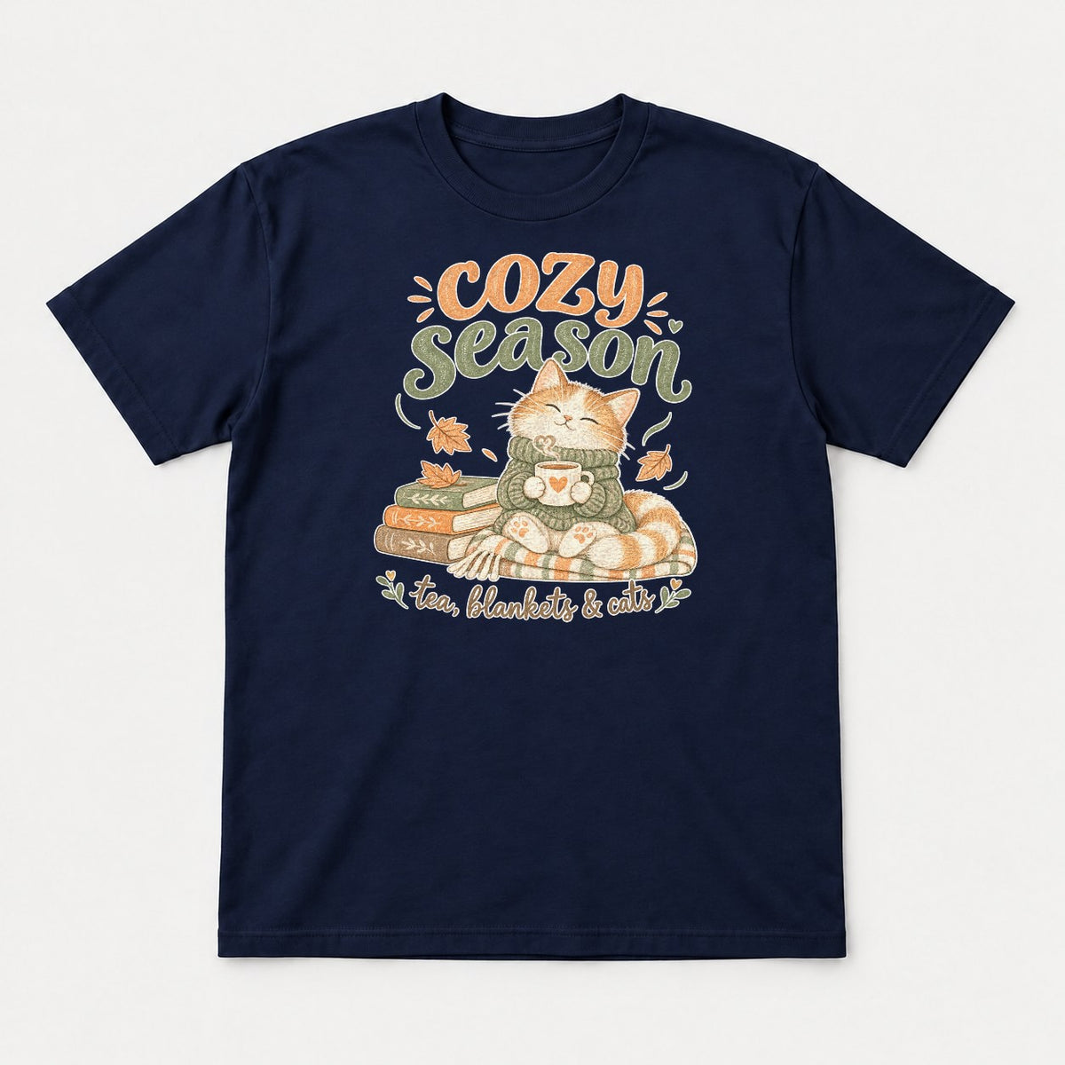 Cozy Season Tea Blankets & Cats Autumn Cat Graphic T-Shirt & Sweatshirt - Tshirt Navy Front