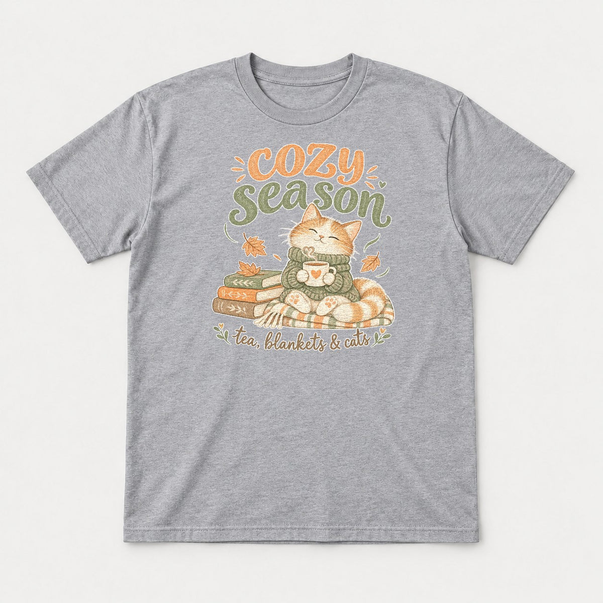 Cozy Season Tea Blankets & Cats Autumn Cat Graphic T-Shirt & Sweatshirt - Tshirt Sport Grey Front