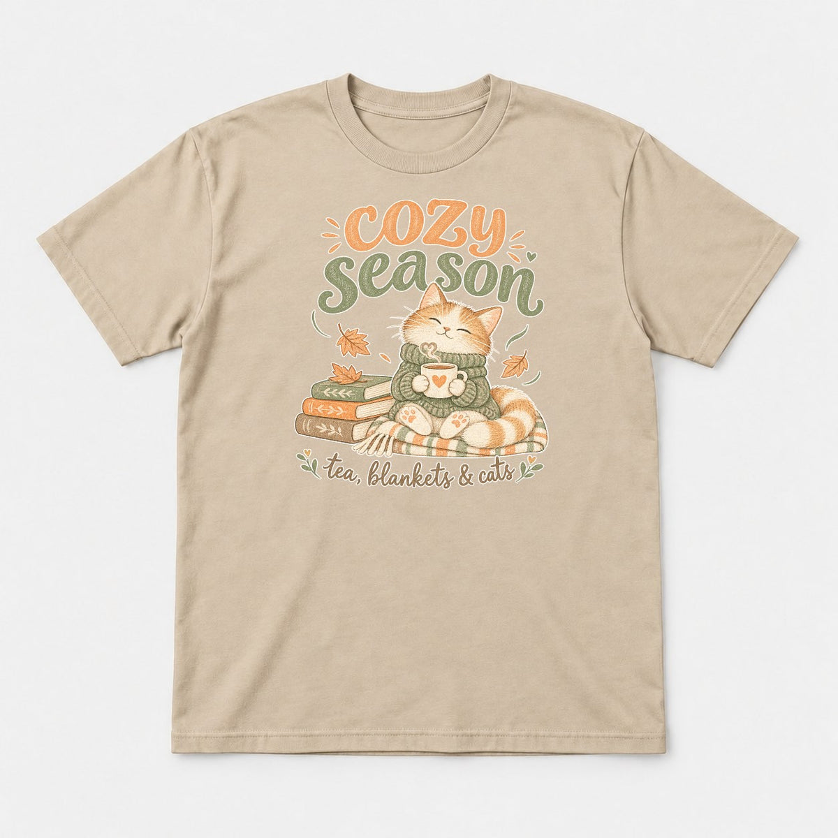 Cozy Season Tea Blankets & Cats Autumn Cat Graphic T-Shirt & Sweatshirt - Tshirt Sand Front