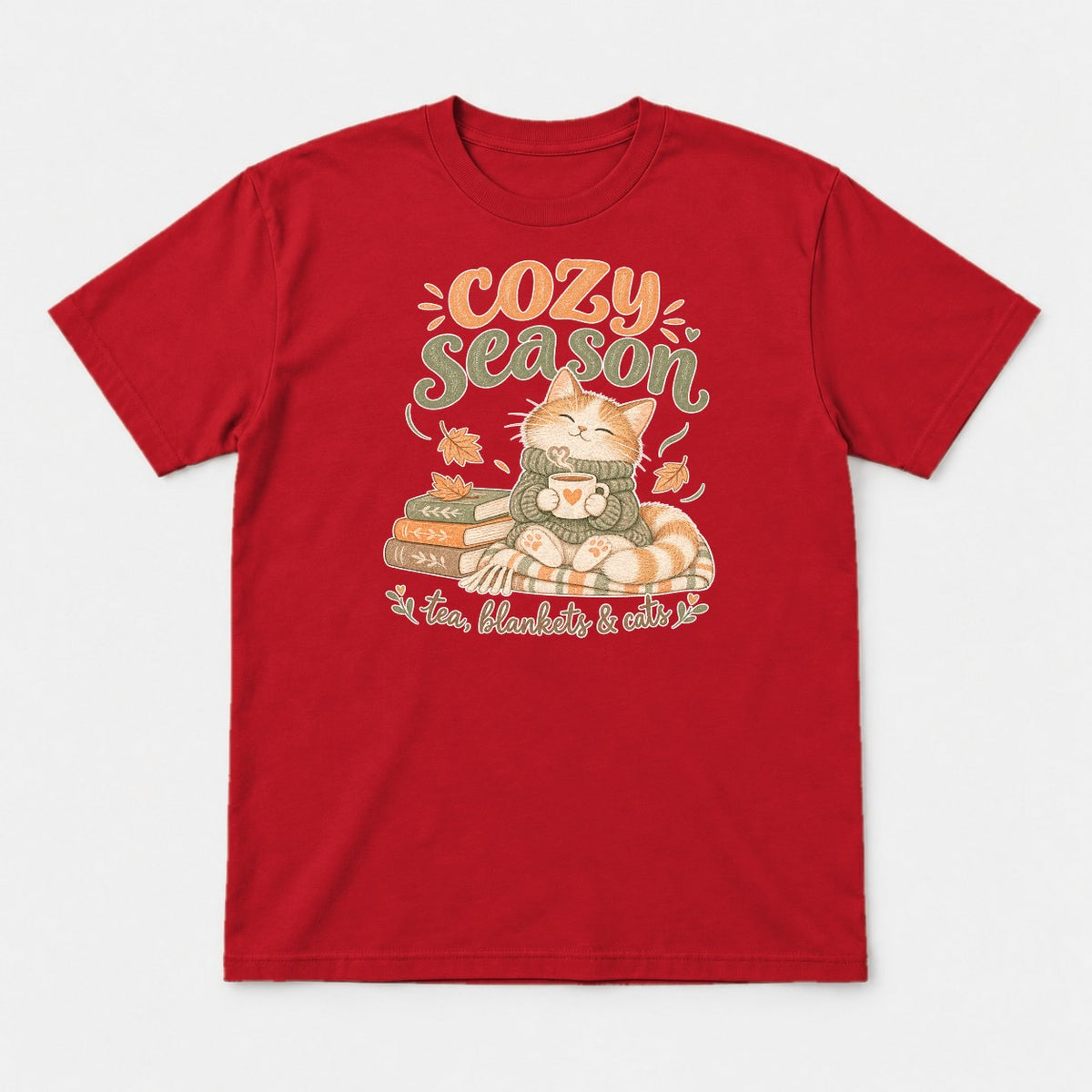 Cozy Season Tea Blankets & Cats Autumn Cat Graphic T-Shirt & Sweatshirt - Tshirt Red Front