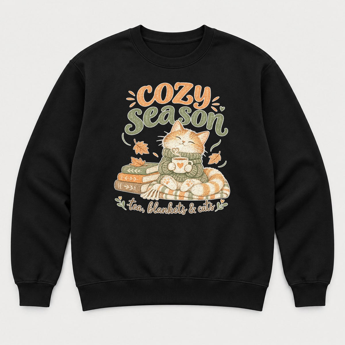 Cozy Season Tea Blankets & Cats Autumn Cat Graphic T-Shirt & Sweatshirt - Sweatshirt Black Front