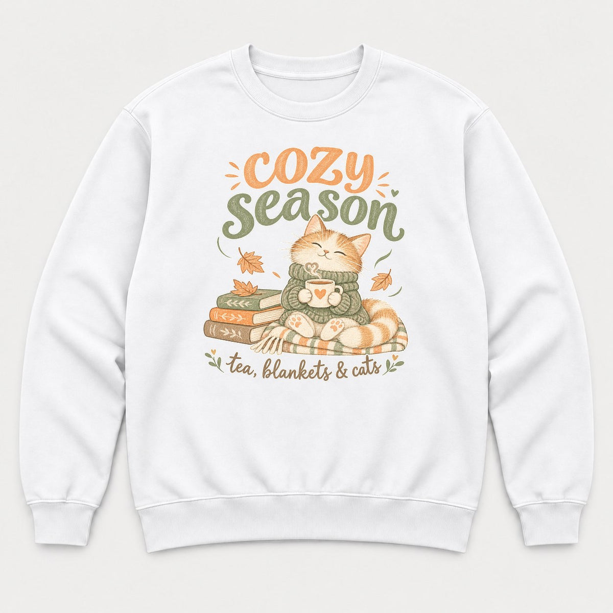 Cozy Season Tea Blankets & Cats Autumn Cat Graphic T-Shirt & Sweatshirt - Sweatshirt White Front