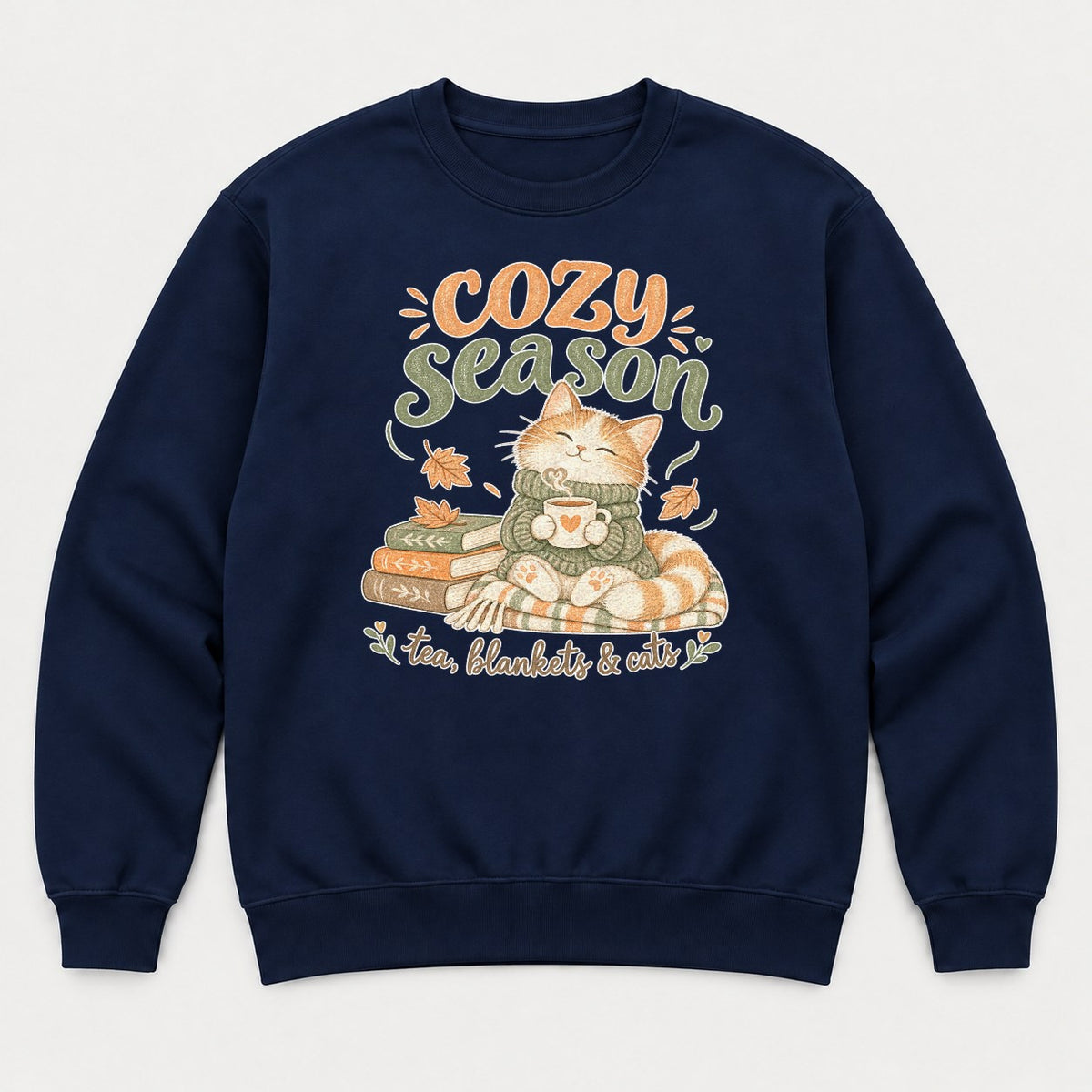 Cozy Season Tea Blankets & Cats Autumn Cat Graphic T-Shirt & Sweatshirt - Sweatshirt Navy Front