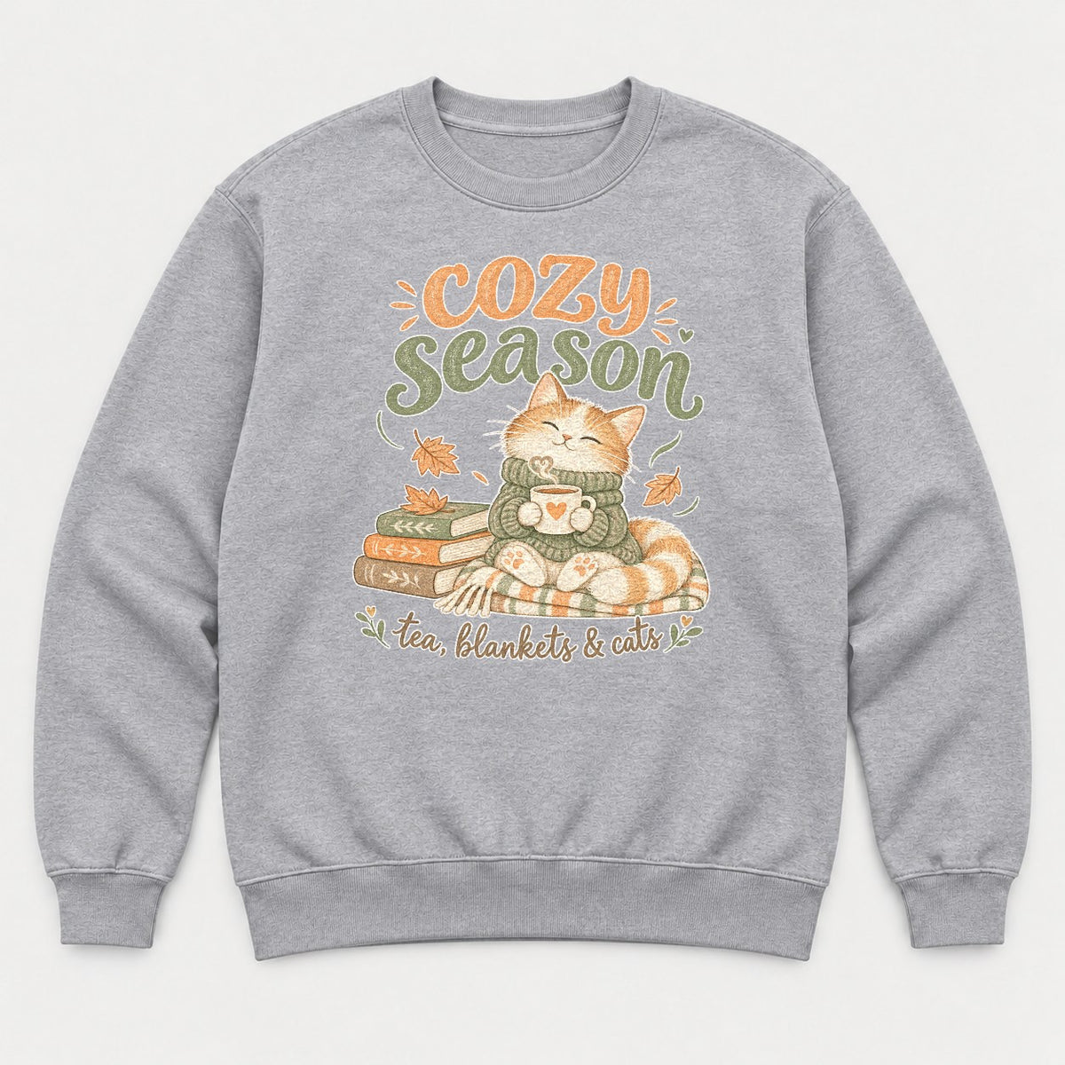 Cozy Season Tea Blankets & Cats Autumn Cat Graphic T-Shirt & Sweatshirt - Sweatshirt Sport Grey Front