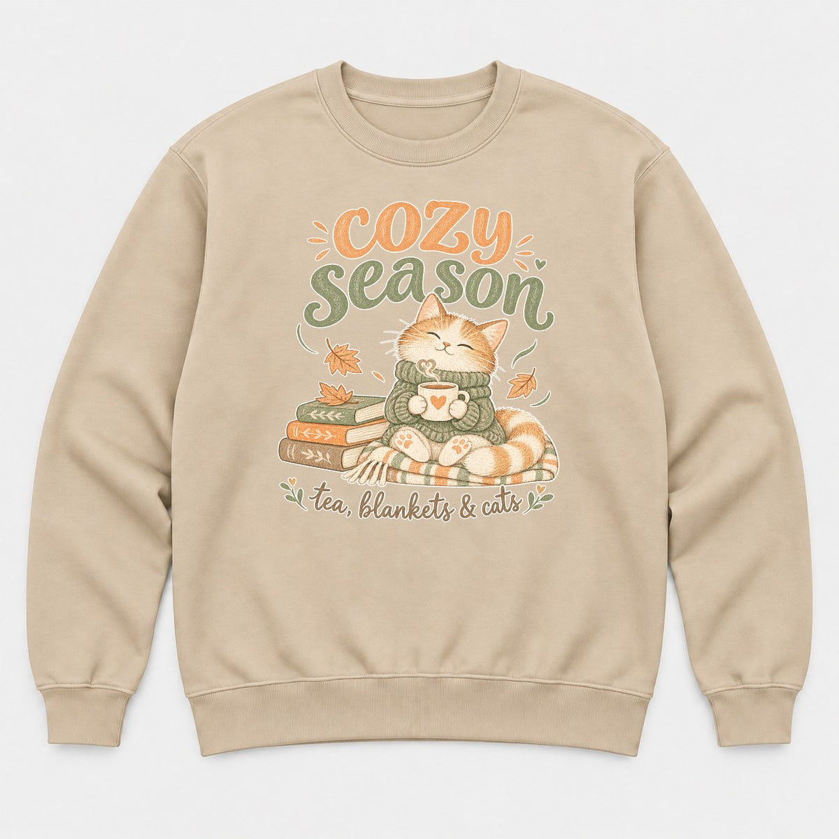 Cozy Season Tea Blankets & Cats Autumn Cat Graphic T-Shirt & Sweatshirt - Sweatshirt Sand Front