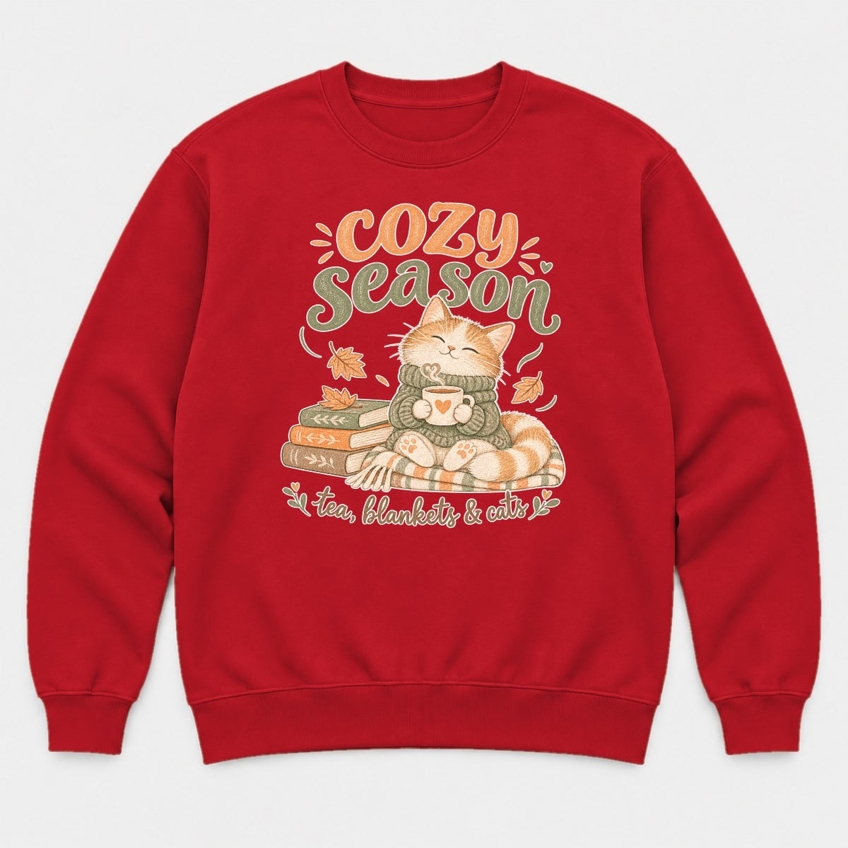Cozy Season Tea Blankets & Cats Autumn Cat Graphic T-Shirt & Sweatshirt - Sweatshirt Red Front