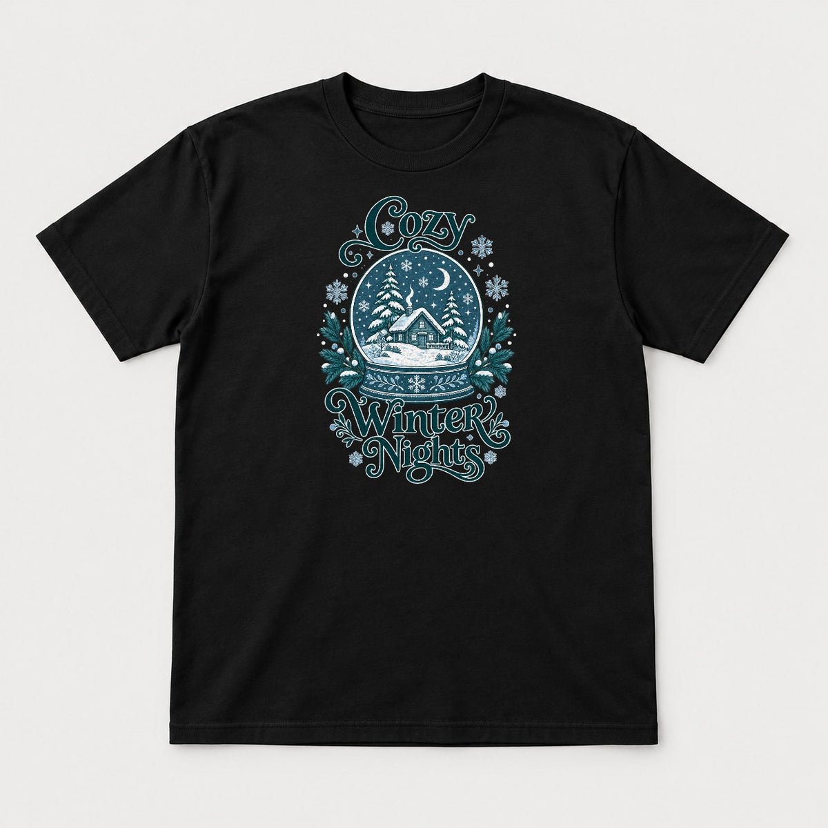 Cozy Winter Nights Snow Globe Cabin Graphic T-Shirt & Sweatshirt - Tshirt Black Front
