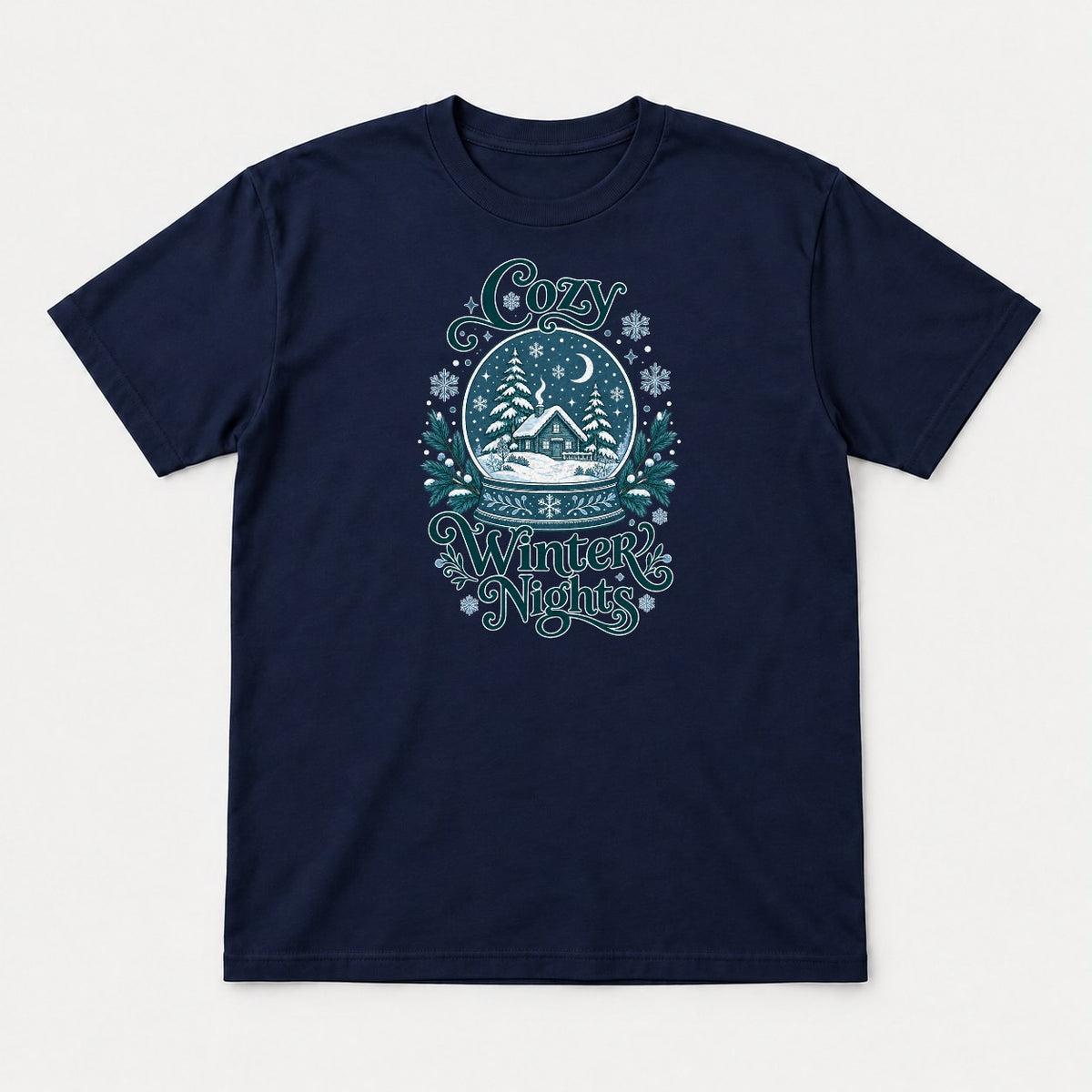 Cozy Winter Nights Snow Globe Cabin Graphic T-Shirt & Sweatshirt - Tshirt Navy Front