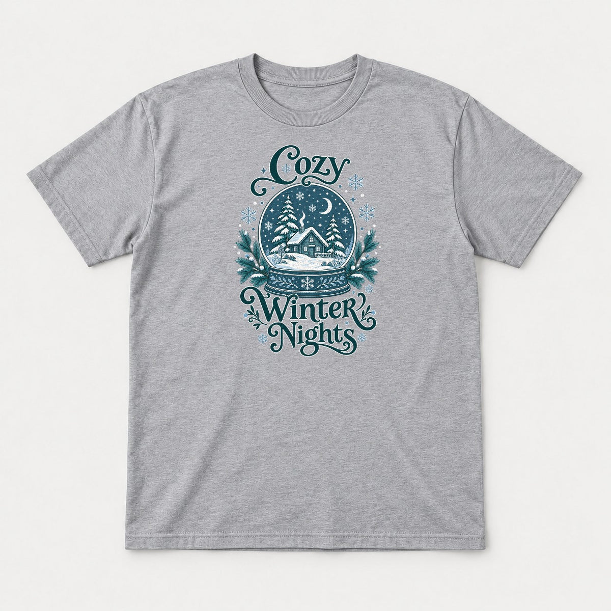 Cozy Winter Nights Snow Globe Cabin Graphic T-Shirt & Sweatshirt - Tshirt Sport Grey Front