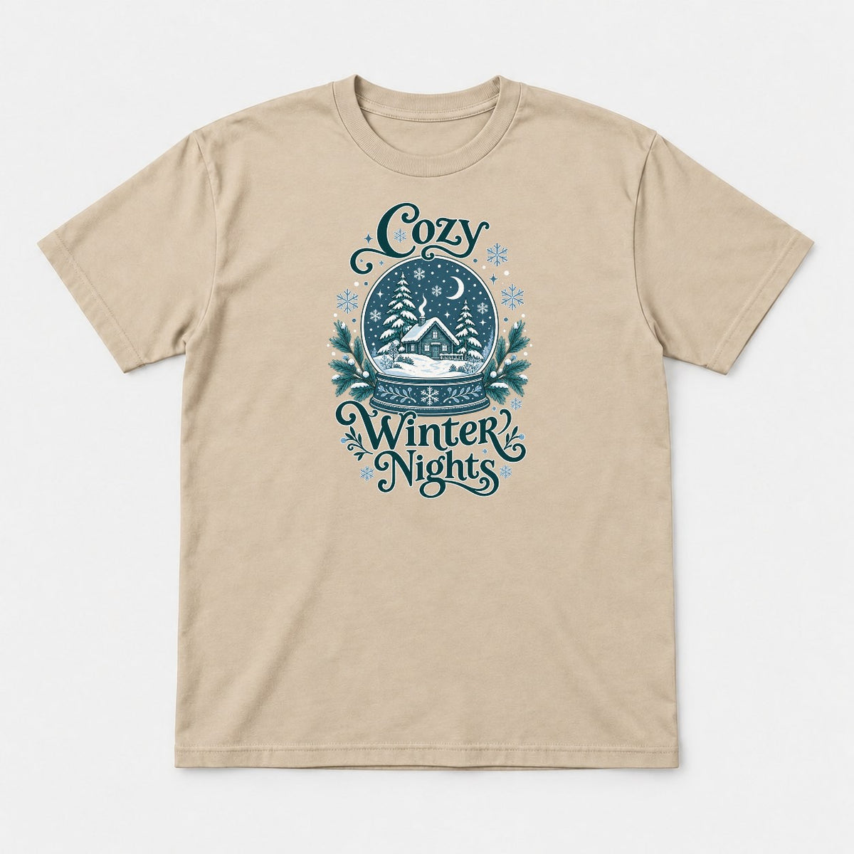 Cozy Winter Nights Snow Globe Cabin Graphic T-Shirt & Sweatshirt - Tshirt Sand Front