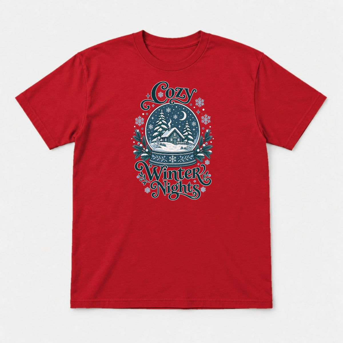 Cozy Winter Nights Snow Globe Cabin Graphic T-Shirt & Sweatshirt - Tshirt Red Front