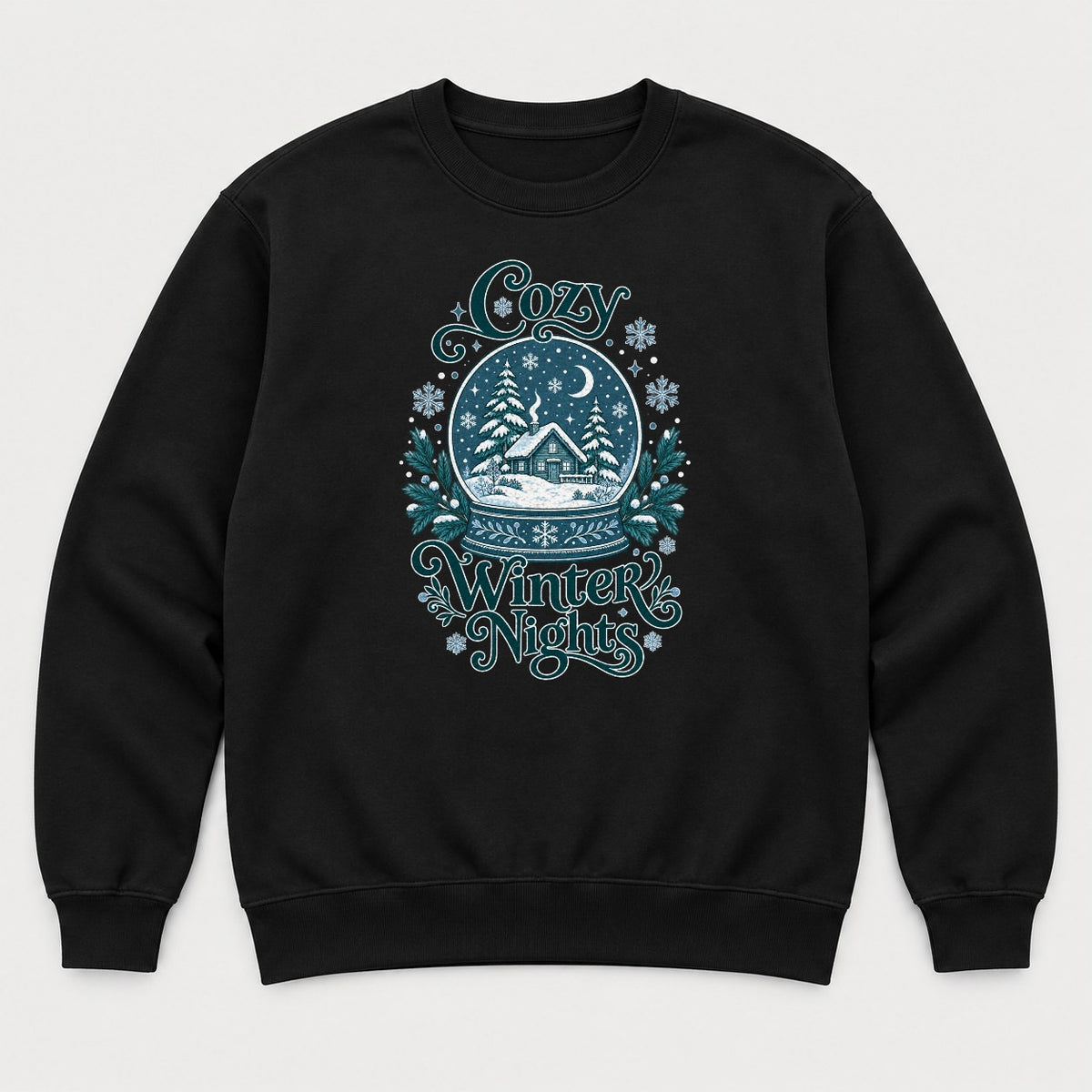 Cozy Winter Nights Snow Globe Cabin Graphic T-Shirt & Sweatshirt - Sweatshirt Black Front