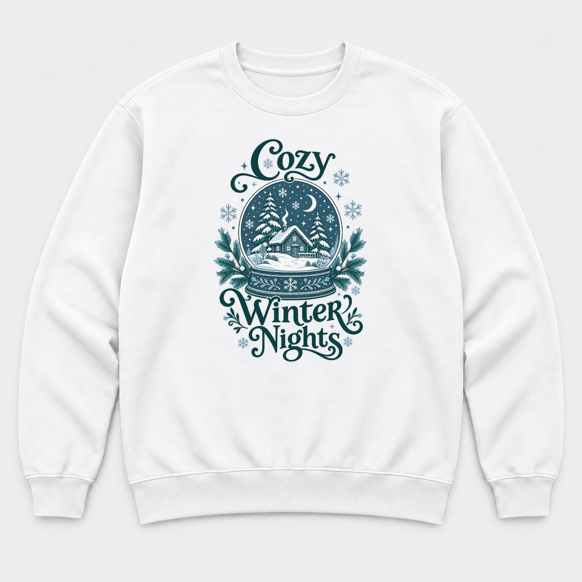 Cozy Winter Nights Snow Globe Cabin Graphic T-Shirt & Sweatshirt - Sweatshirt White Front