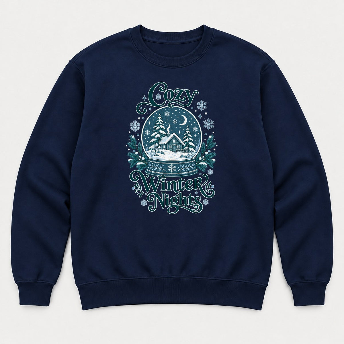 Cozy Winter Nights Snow Globe Cabin Graphic T-Shirt & Sweatshirt - Sweatshirt Navy Front