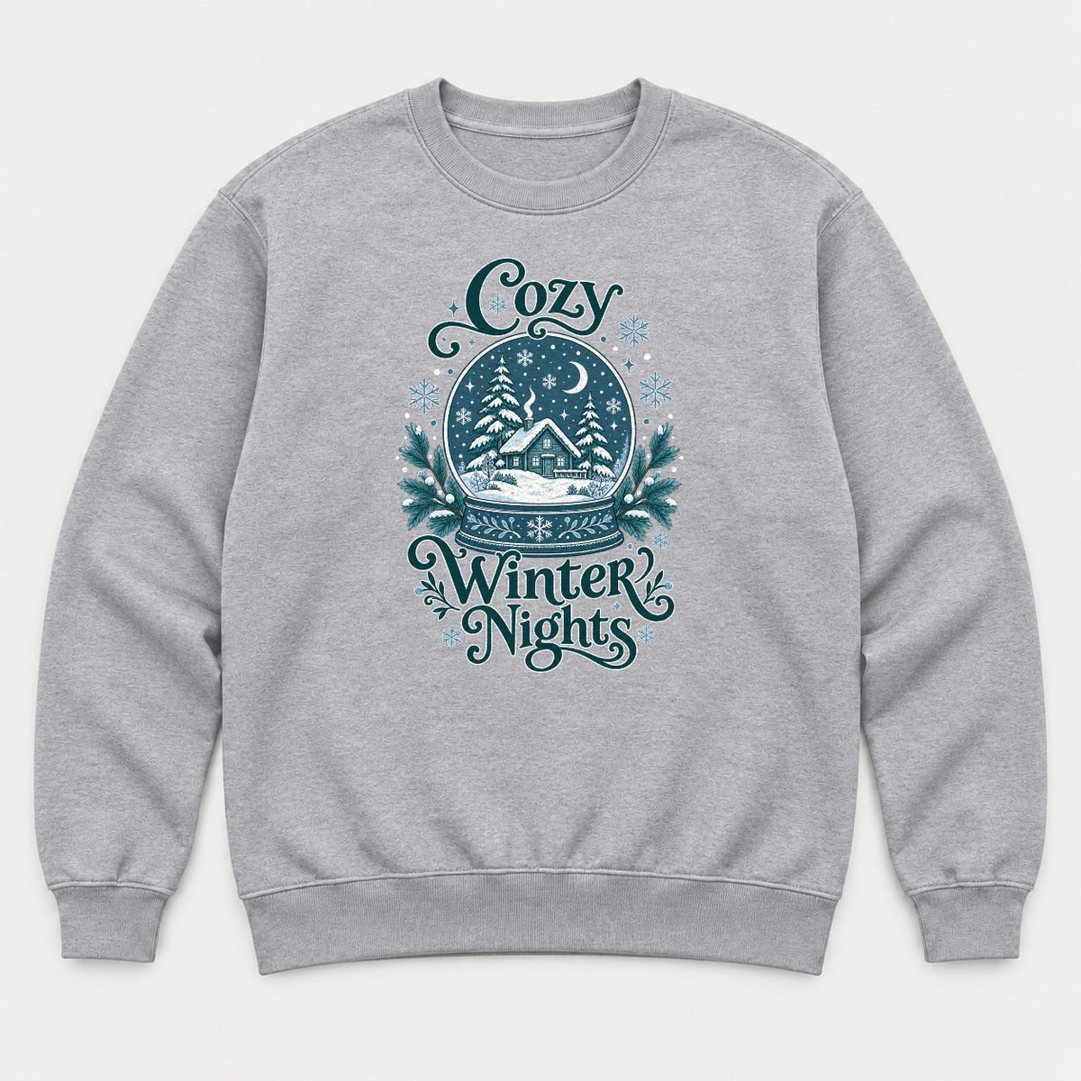 Cozy Winter Nights Snow Globe Cabin Graphic T-Shirt & Sweatshirt - Sweatshirt Sport Grey Front