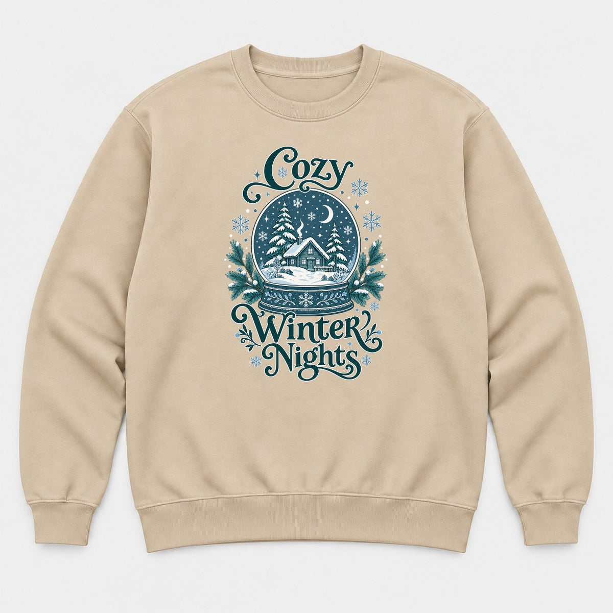 Cozy Winter Nights Snow Globe Cabin Graphic T-Shirt & Sweatshirt - Sweatshirt Sand Front