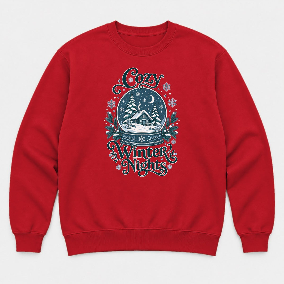 Cozy Winter Nights Snow Globe Cabin Graphic T-Shirt & Sweatshirt - Sweatshirt Red Front