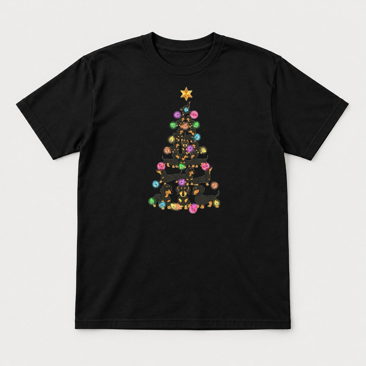 Dachshund Christmas Tree Colorful Lights Graphic T-Shirt & Sweatshirt - Tshirt Black Front