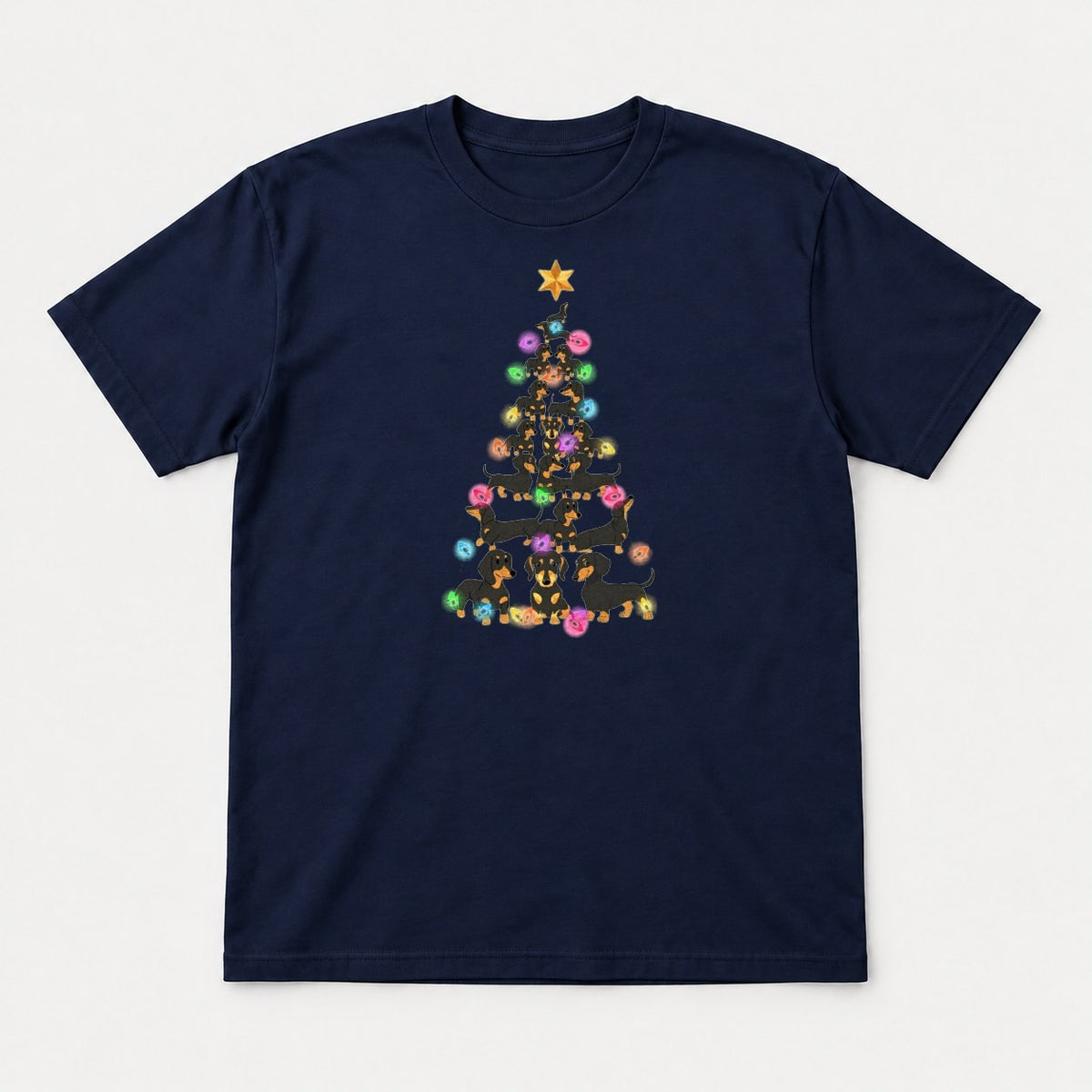 Dachshund Christmas Tree Colorful Lights Graphic T-Shirt & Sweatshirt - Tshirt Navy Front