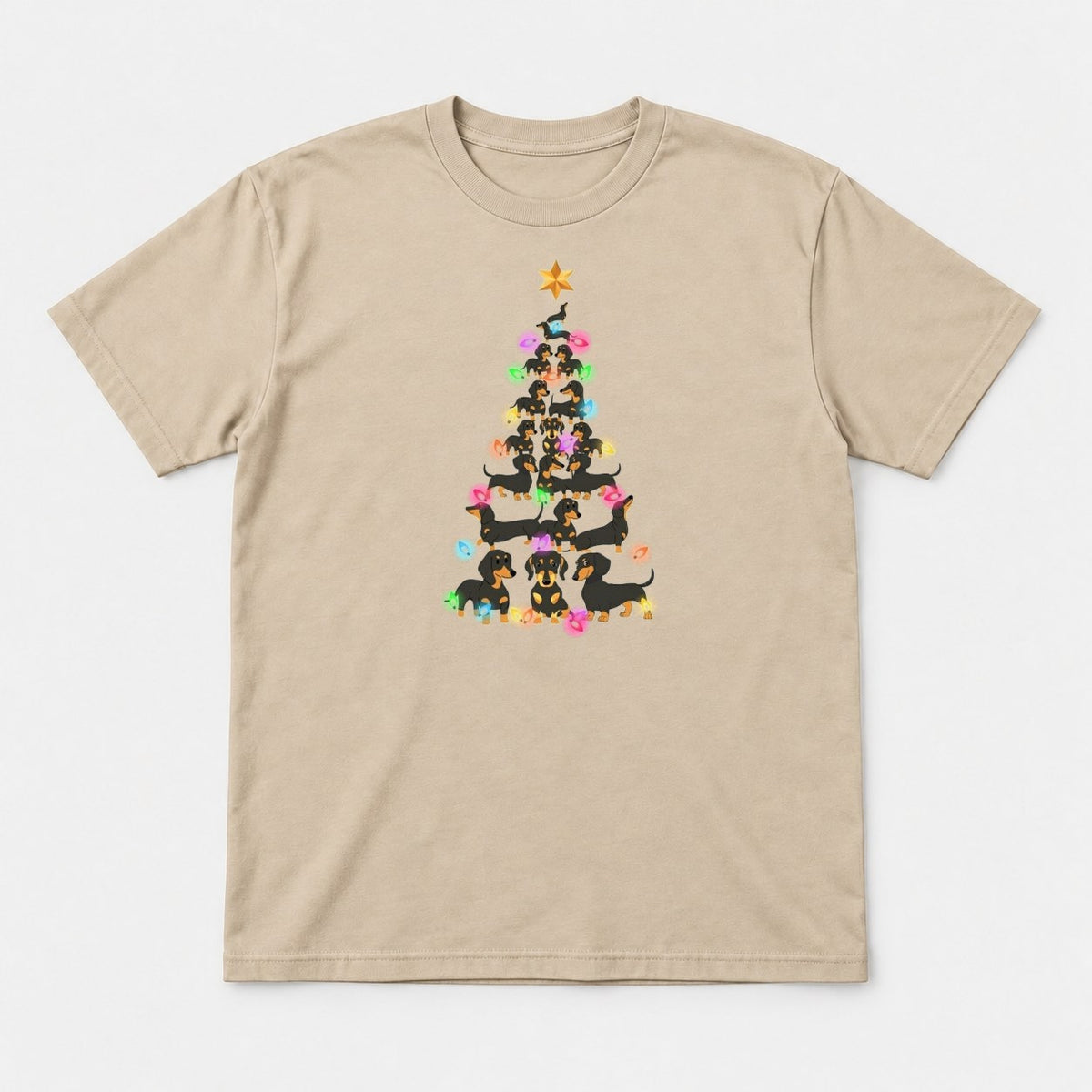 Dachshund Christmas Tree Colorful Lights Graphic T-Shirt & Sweatshirt - Tshirt Sand Front