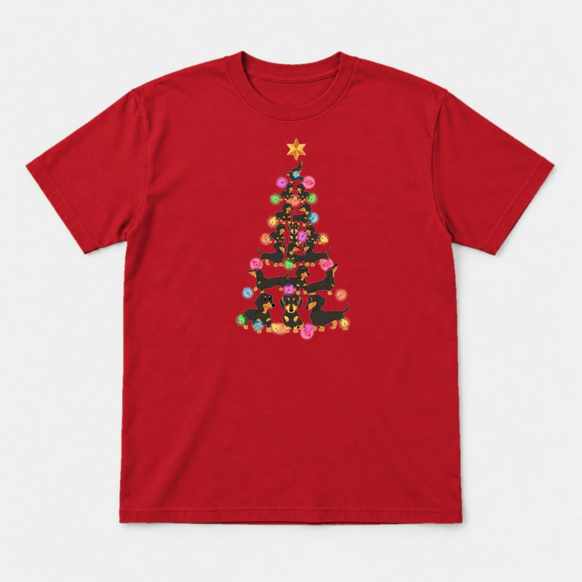 Dachshund Christmas Tree Colorful Lights Graphic T-Shirt & Sweatshirt - Tshirt Red Front