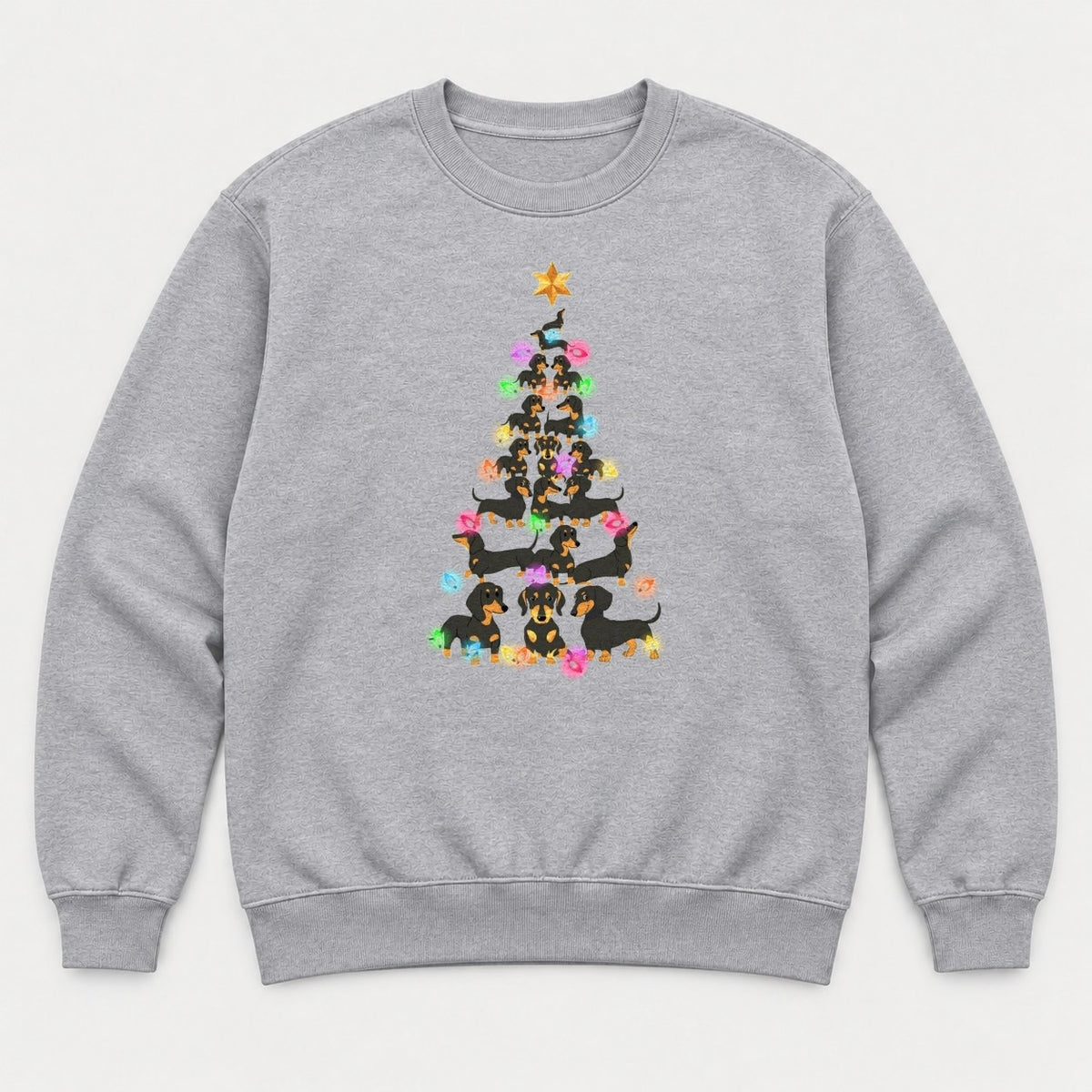 Dachshund Christmas Tree Colorful Lights Graphic T-Shirt & Sweatshirt - Sweatshirt Sport Grey Front