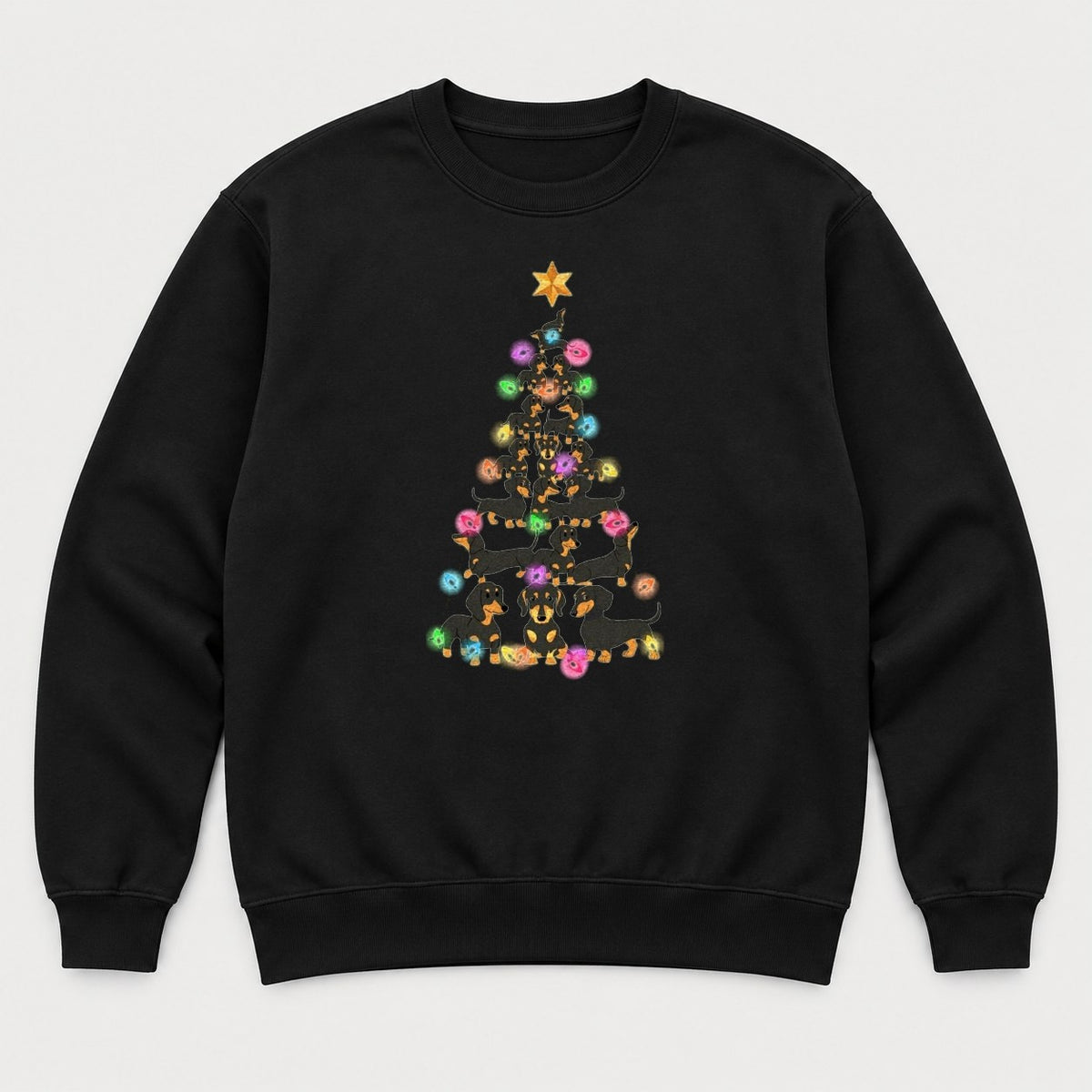 Dachshund Christmas Tree Colorful Lights Graphic T-Shirt & Sweatshirt - Sweatshirt Black Front