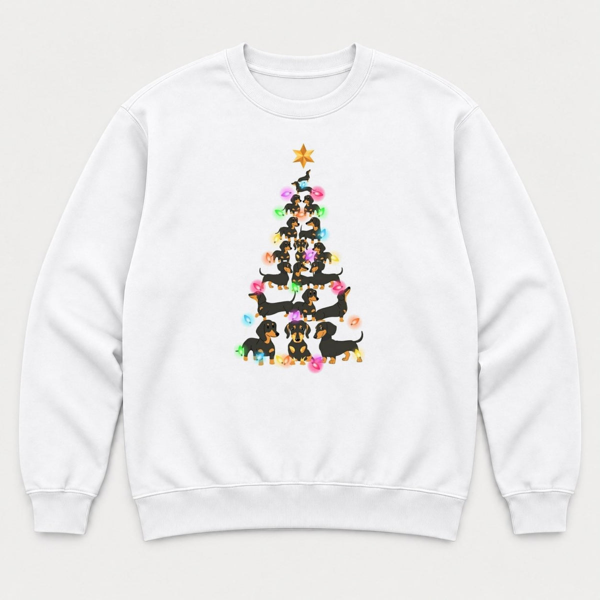 Dachshund Christmas Tree Colorful Lights Graphic T-Shirt & Sweatshirt - Sweatshirt White Front