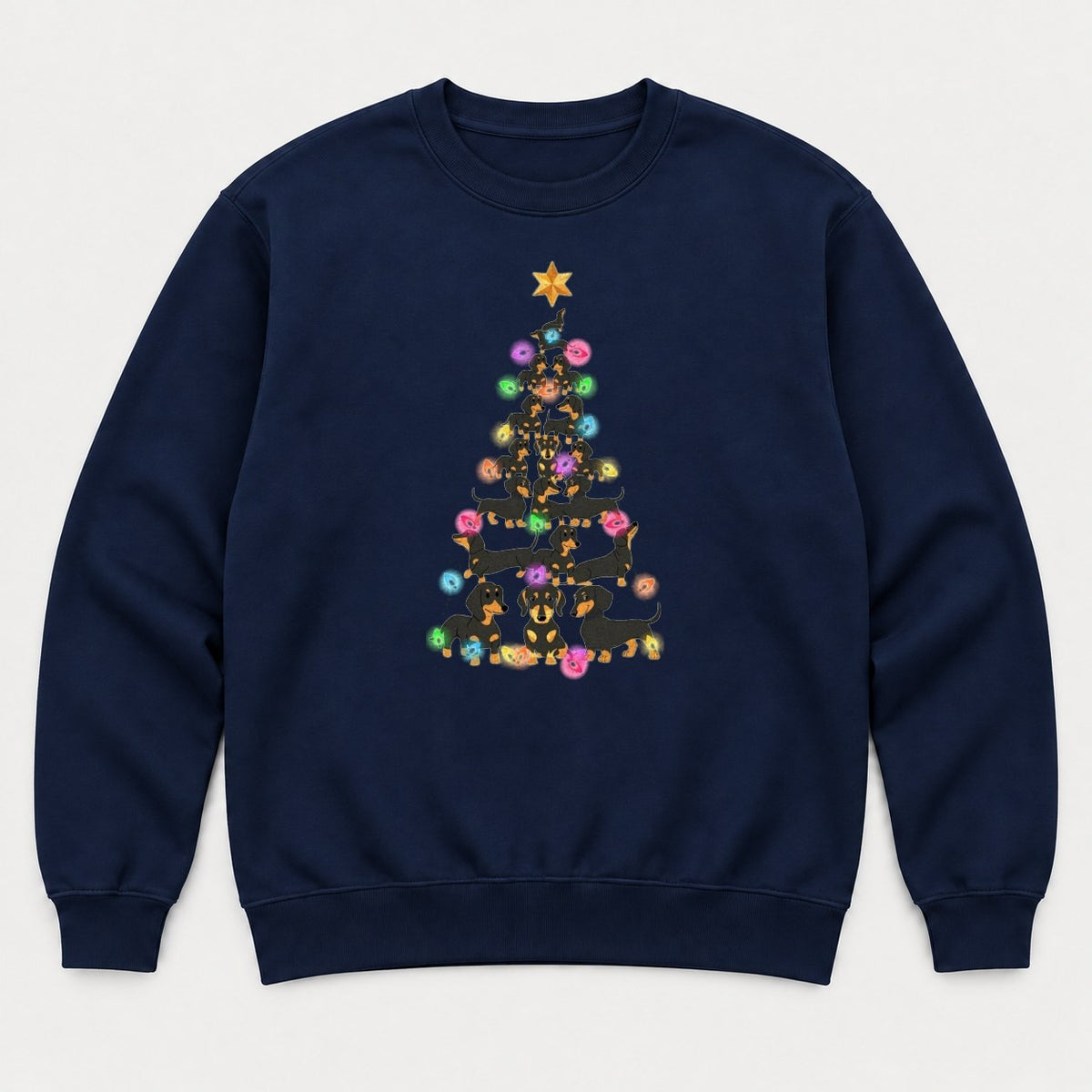 Dachshund Christmas Tree Colorful Lights Graphic T-Shirt & Sweatshirt - Sweatshirt Navy Front