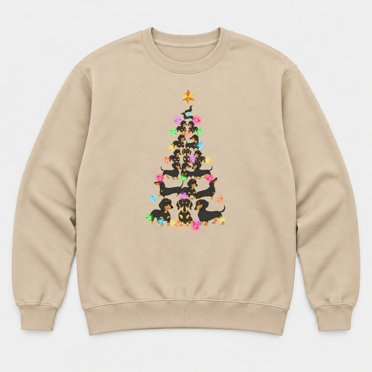 Dachshund Christmas Tree Colorful Lights Graphic T-Shirt & Sweatshirt - Sweatshirt Sand Front