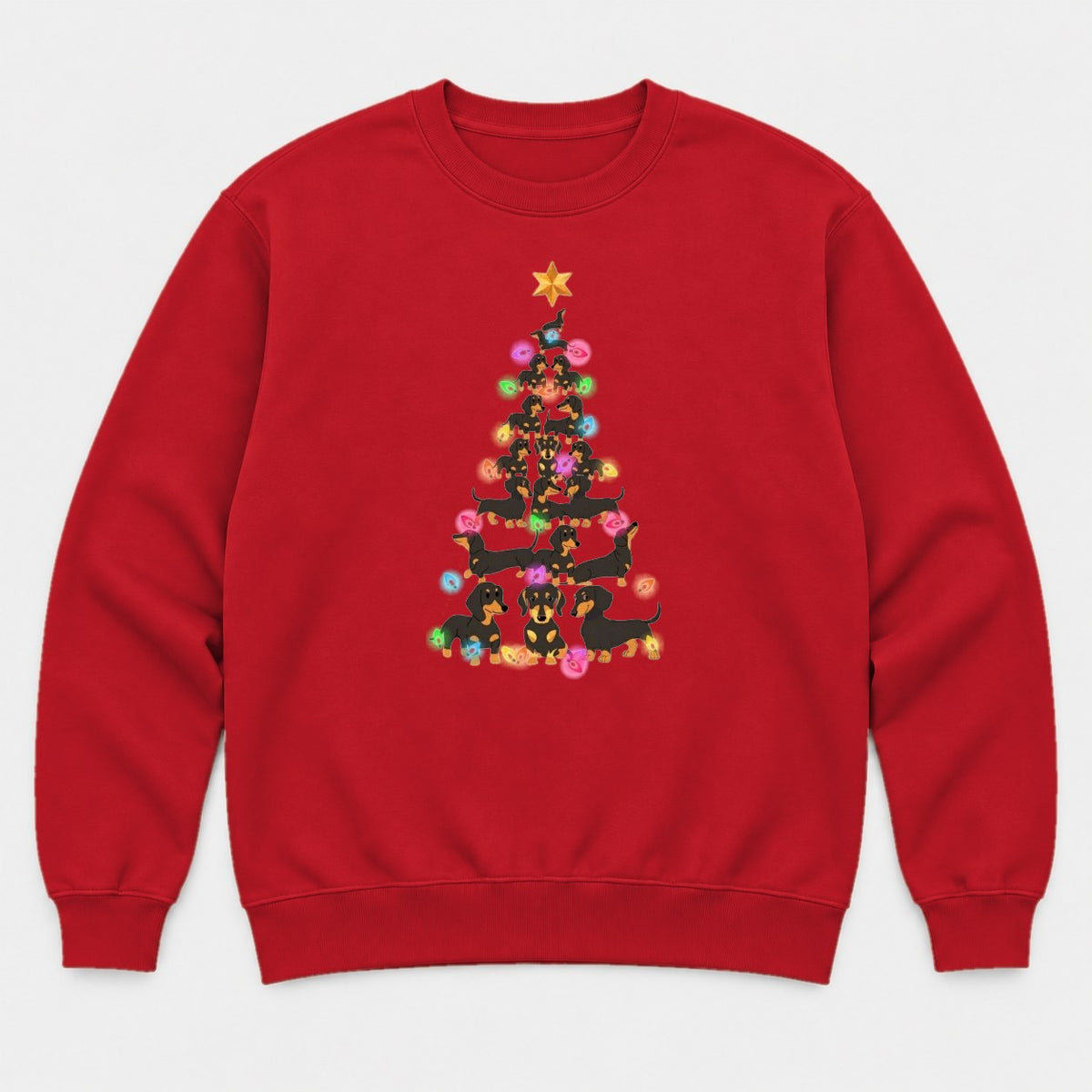 Dachshund Christmas Tree Colorful Lights Graphic T-Shirt & Sweatshirt - Sweatshirt Red Front