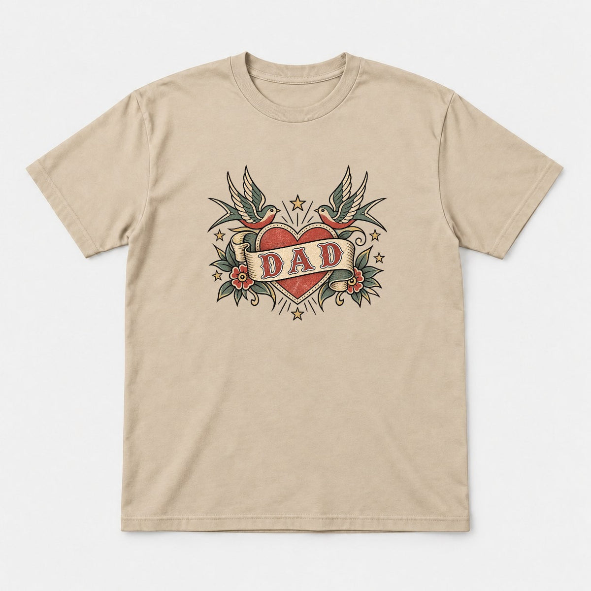 Dad Retro Tattoo Heart Swallows Graphic T-Shirt & Sweatshirt - Tshirt Sand Front