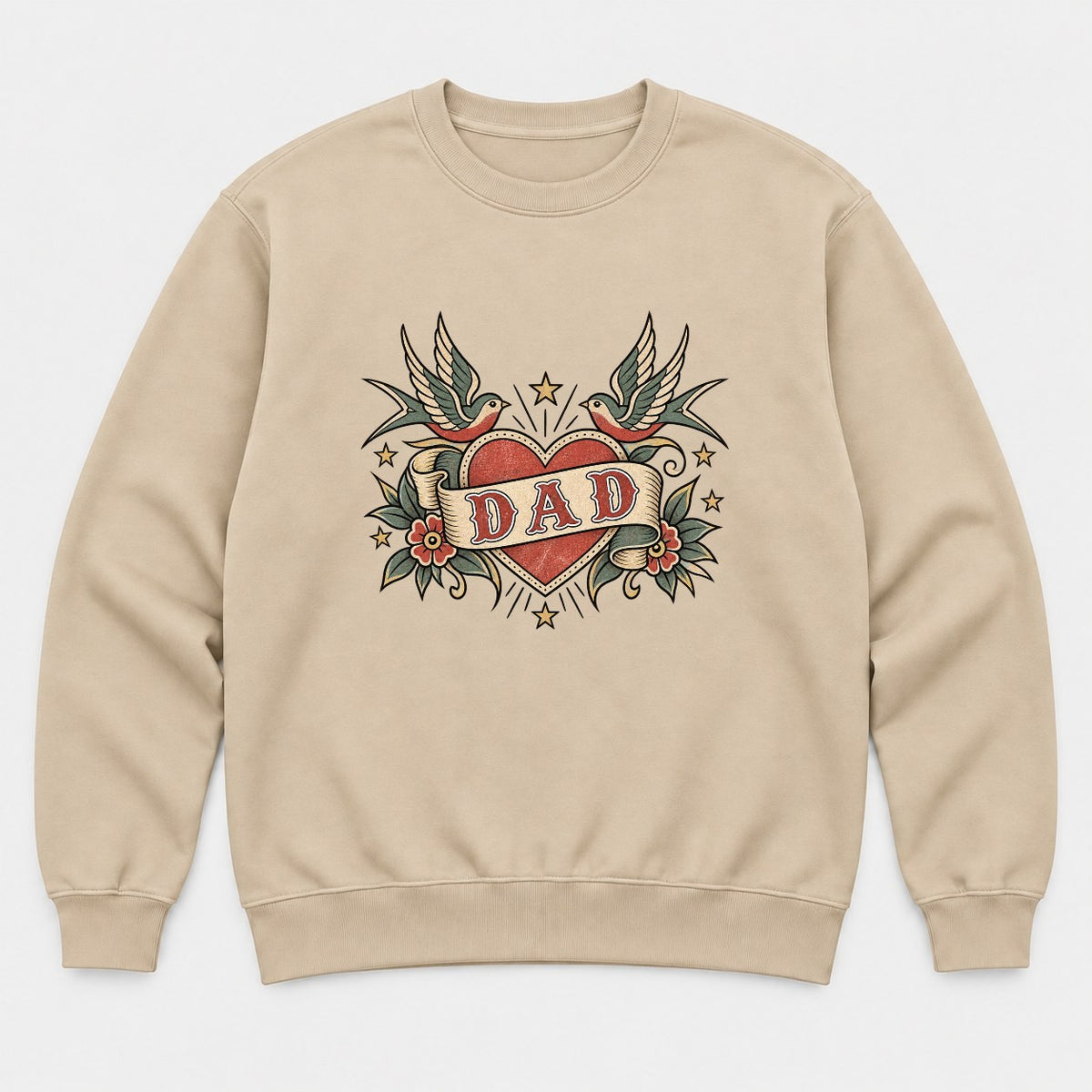 Dad Retro Tattoo Heart Swallows Graphic T-Shirt & Sweatshirt - Sweatshirt Sand Front