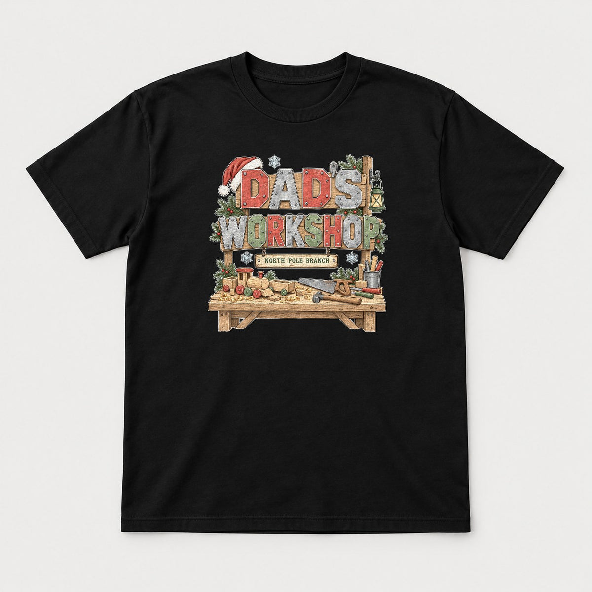 Dad's Workshop North Pole Branch Christmas Graphic T-Shirt & Sweatshirt - Tshirt Black Front