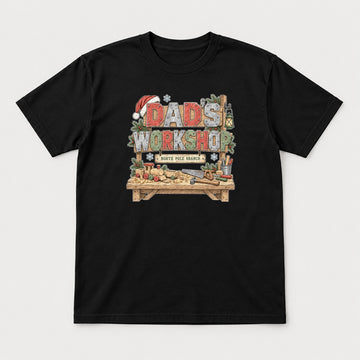 Dad's Workshop North Pole Branch Christmas Graphic T-Shirt & Sweatshirt - Tshirt Black Front