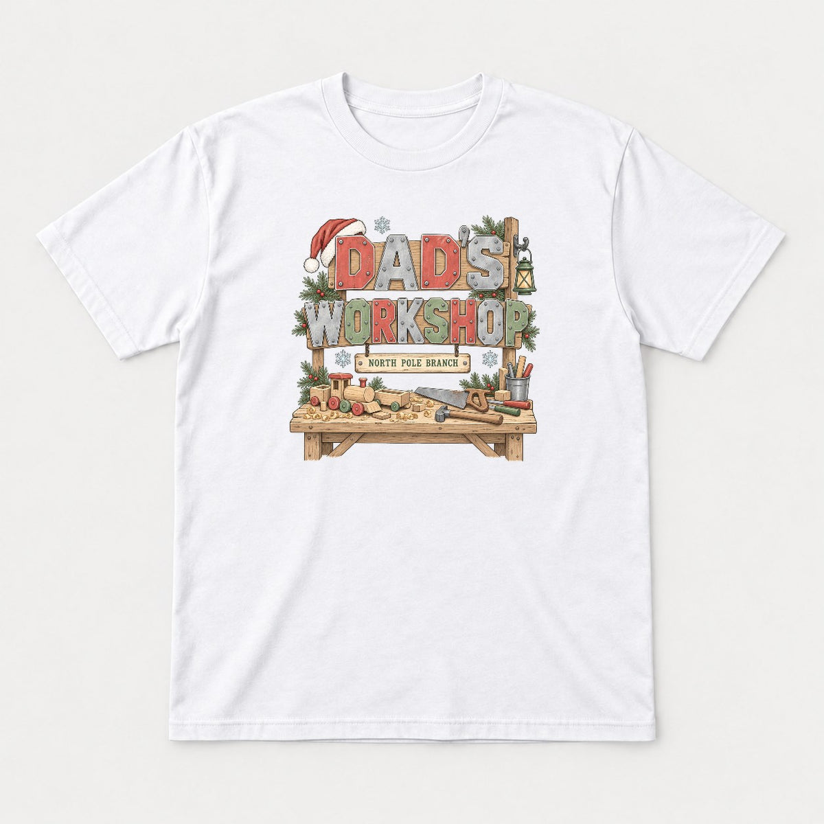 Dad's Workshop North Pole Branch Christmas Graphic T-Shirt & Sweatshirt - Tshirt White Front