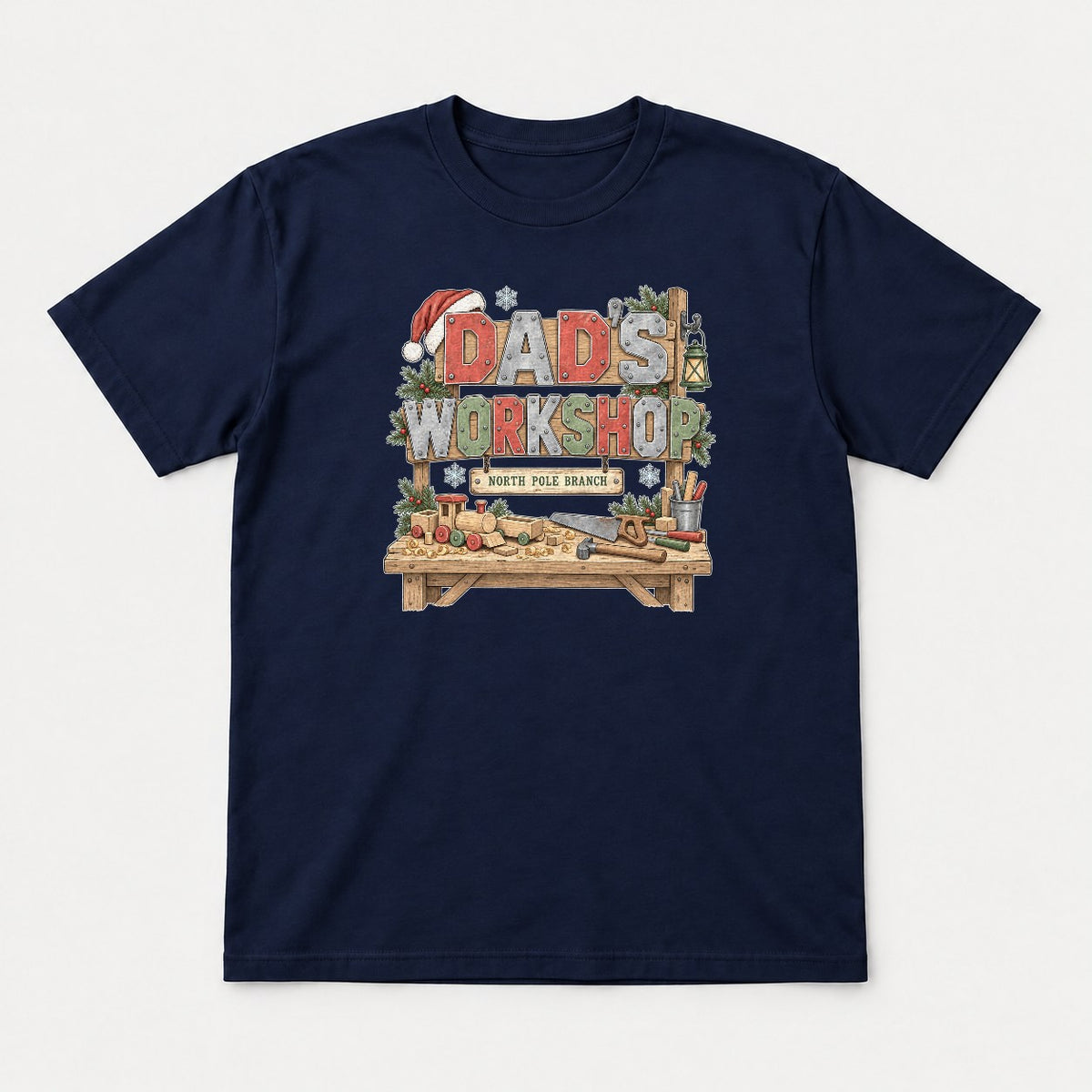 Dad's Workshop North Pole Branch Christmas Graphic T-Shirt & Sweatshirt - Tshirt Navy Front