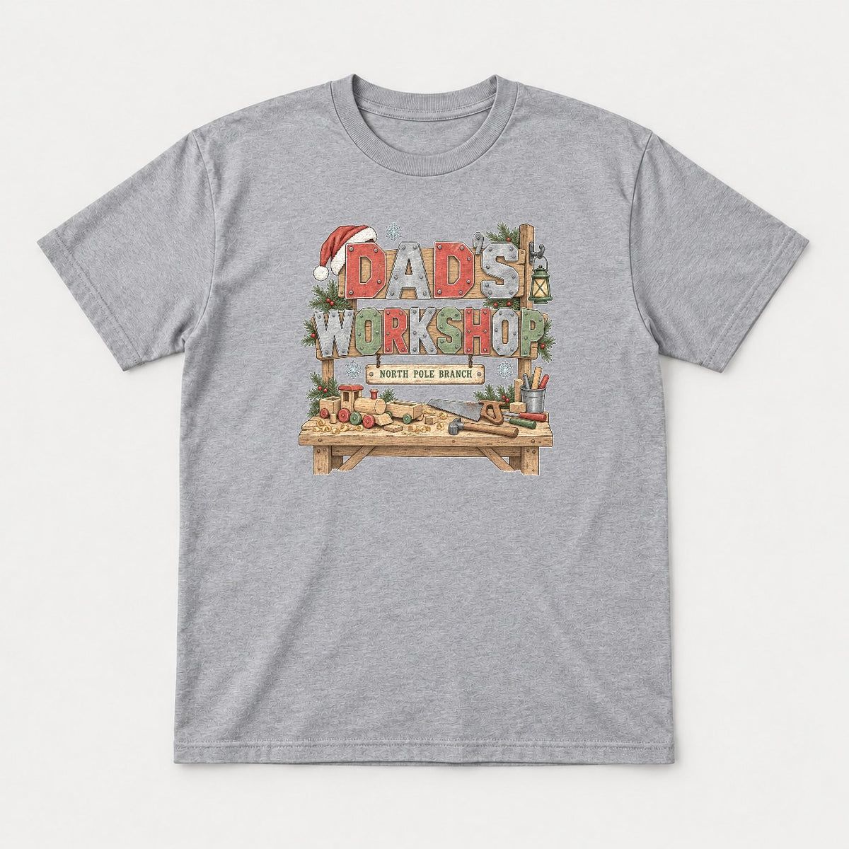Dad's Workshop North Pole Branch Christmas Graphic T-Shirt & Sweatshirt - Tshirt Sport Grey Front