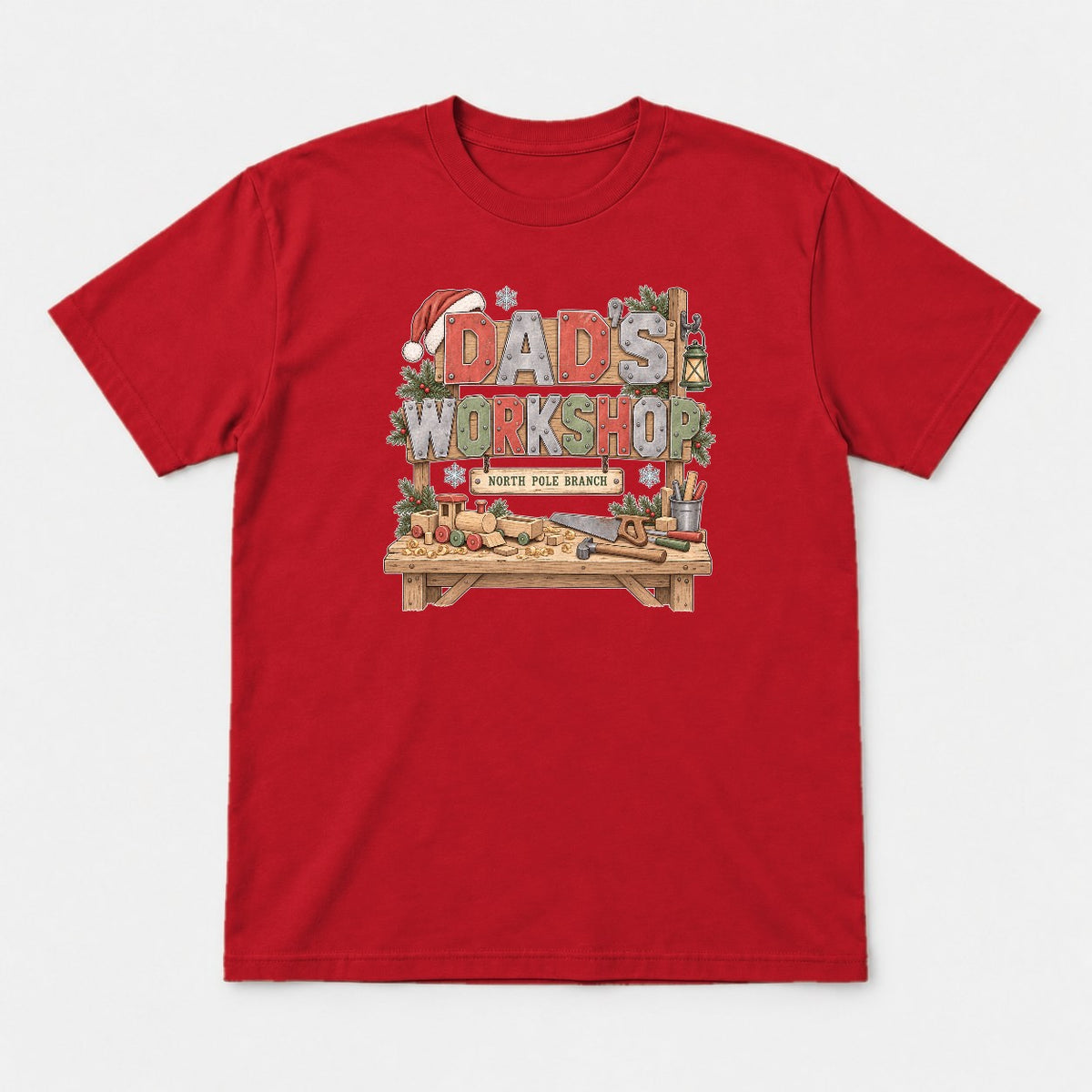 Dad's Workshop North Pole Branch Christmas Graphic T-Shirt & Sweatshirt - Tshirt Red Front