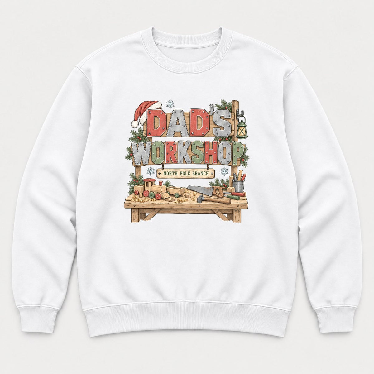 Dad's Workshop North Pole Branch Christmas Graphic T-Shirt & Sweatshirt - Sweatshirt White Front