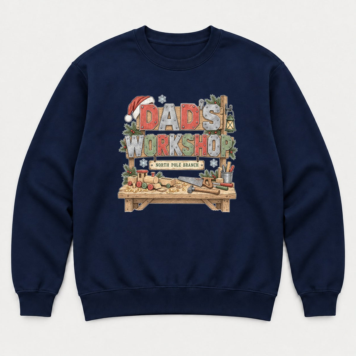 Dad's Workshop North Pole Branch Christmas Graphic T-Shirt & Sweatshirt - Sweatshirt Navy Front