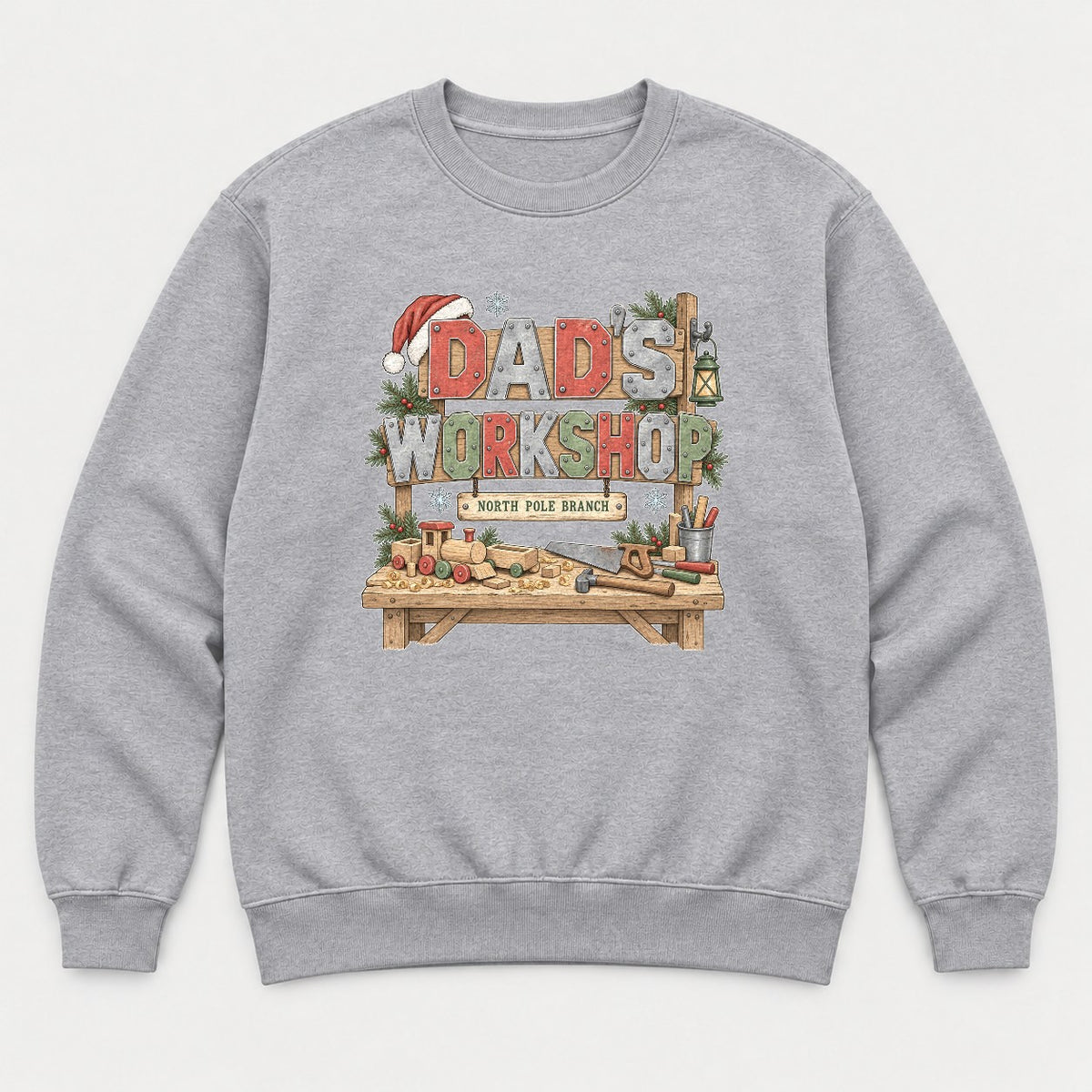 Dad's Workshop North Pole Branch Christmas Graphic T-Shirt & Sweatshirt - Sweatshirt Sport Grey Front
