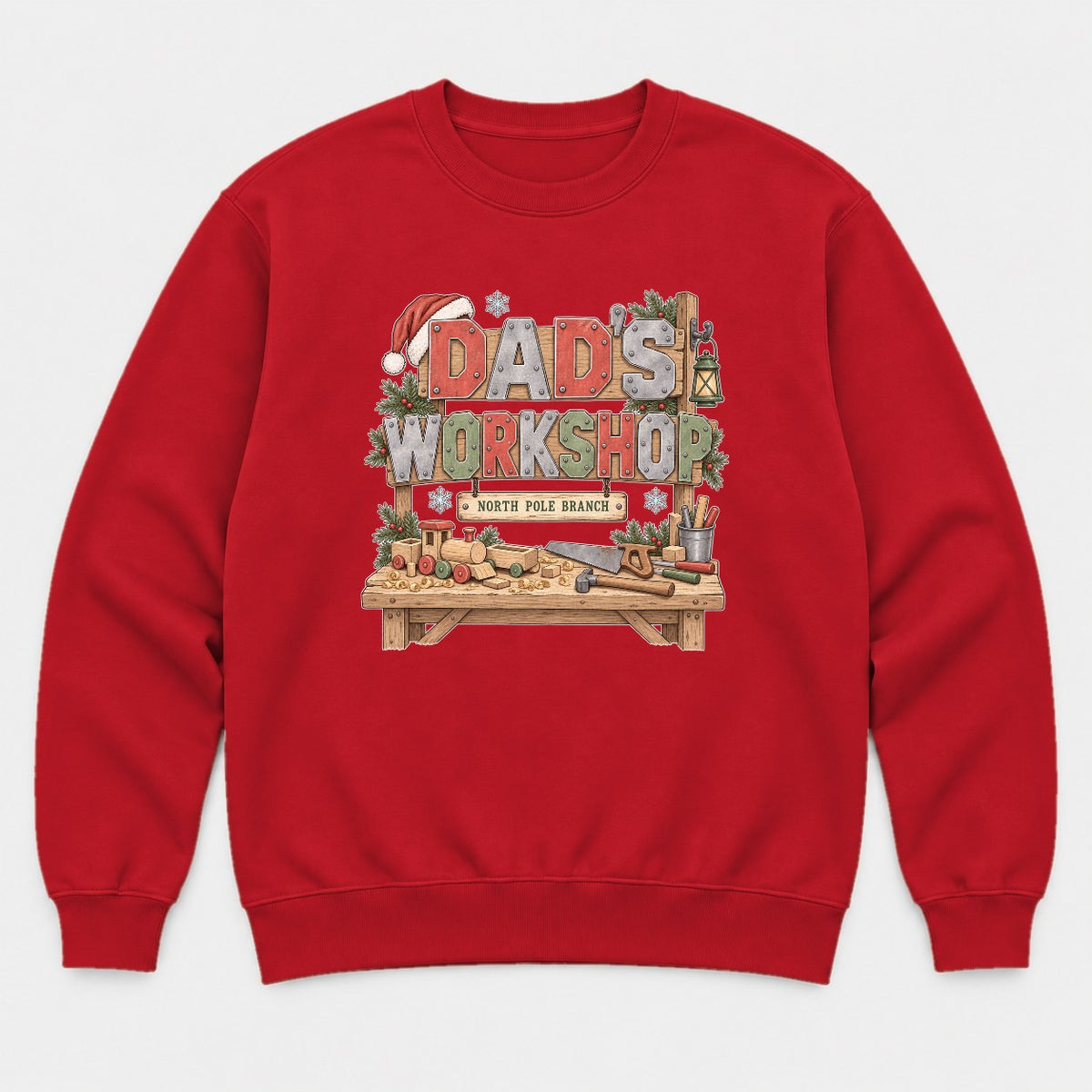 Dad's Workshop North Pole Branch Christmas Graphic T-Shirt & Sweatshirt - Sweatshirt Red Front