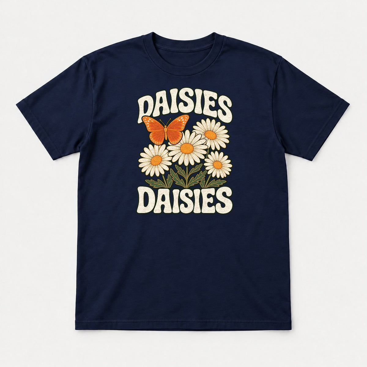 Daisies Retro Butterfly Wildflower Graphic T-Shirt & Sweatshirt - Tshirt Navy Front