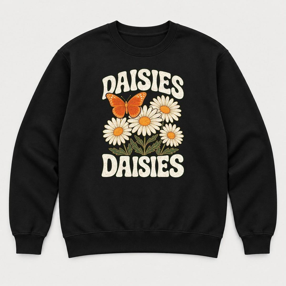 Daisies Retro Butterfly Wildflower Graphic T-Shirt & Sweatshirt - Sweatshirt Black Front
