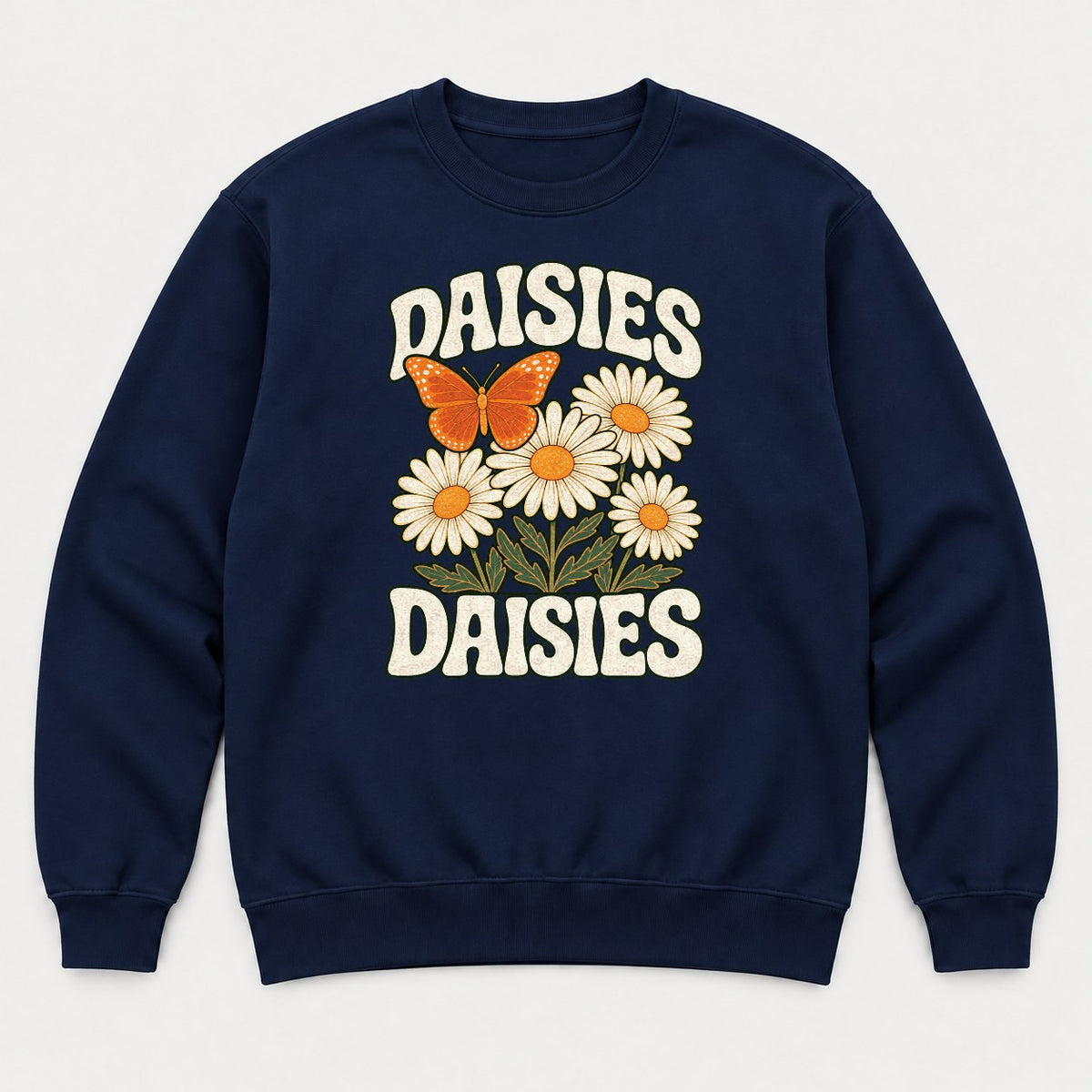 Daisies Retro Butterfly Wildflower Graphic T-Shirt & Sweatshirt - Sweatshirt Navy Front