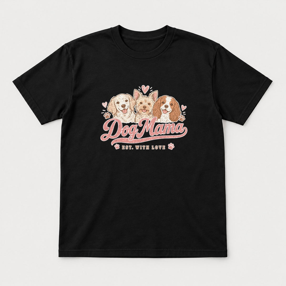 Dog Mama Est. With Love Cute Puppy Trio Graphic T-Shirt & Sweatshirt - Tshirt Black Front